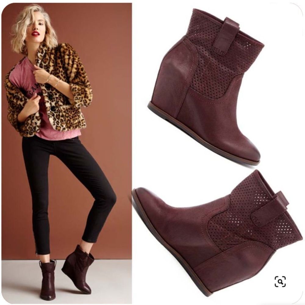 LUCKY Brand Keno Perforated Dark Camel Suede Leather Wedge Bootie (7) - Picture 2 of 11